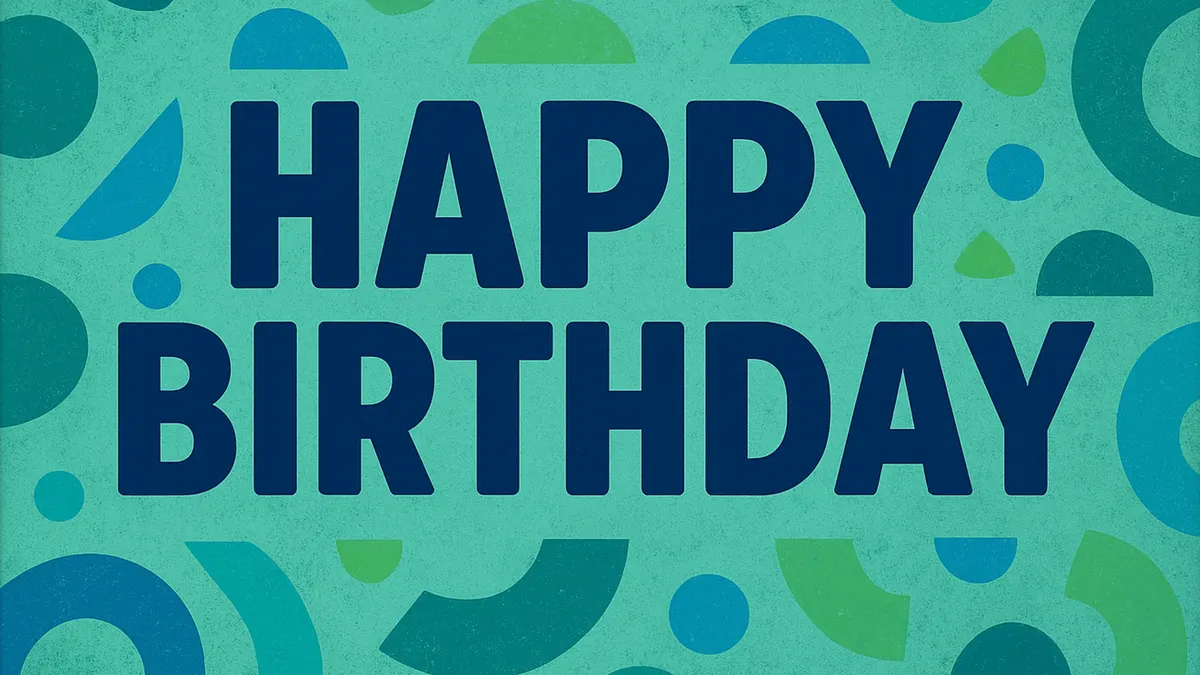 Happy Birthday Frame TV sign — bold navy lettering on a teal background with playful confetti shapes
